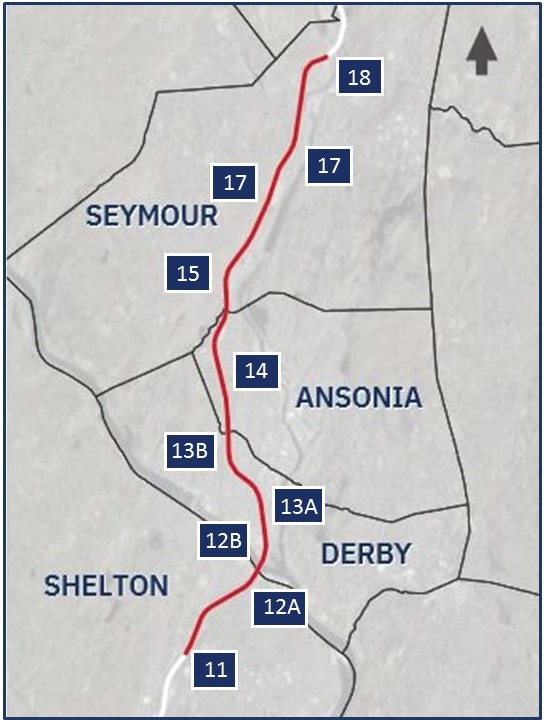 Map of the Route 8 Design Build Project Limits from Exit 11 in Shelton to Exit 18 in Seymour, CT